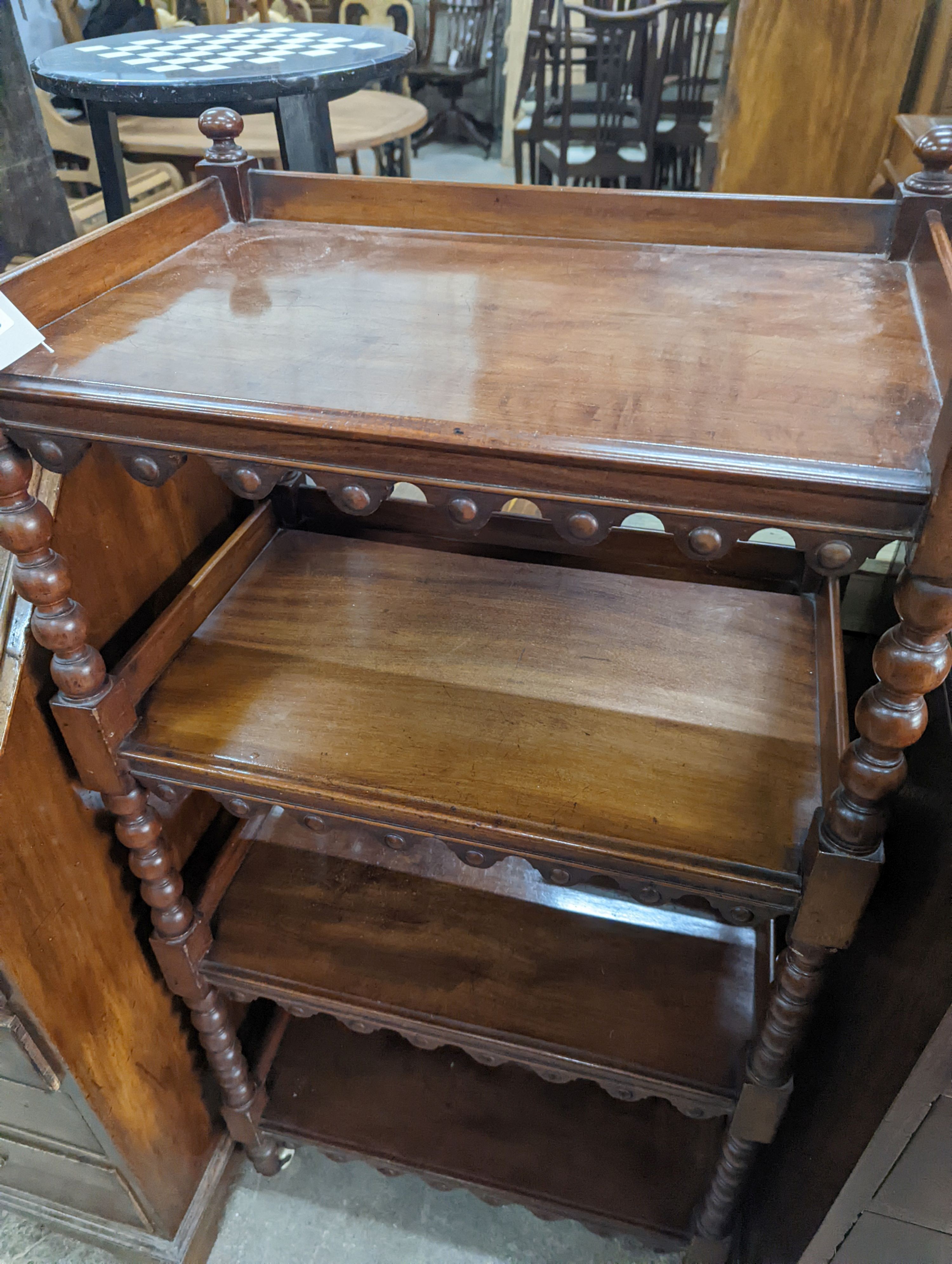 A Victorian mahogany four tier whatnot, width 59cm, depth 39cm, height 122cm